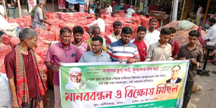 পেঁয়াজের ন্যায্য মূল্য না পাওয়ায় পাবনার কাশিনাথপুরে কৃষকদের মানববন্ধন ও বিক্ষোভ মিছিল