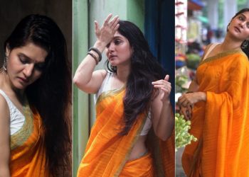 স্লিভলেস ব্লাউজ, হলুদ শাড়ি, খোলা চুলে ভাইরাল মিথিলা